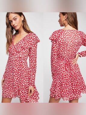 Free People Red and White Long-Sleeve Wrap Dress
